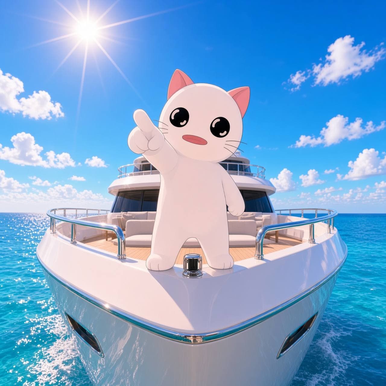 Captain PoolsCat commanding the mega yacht in crystal waters