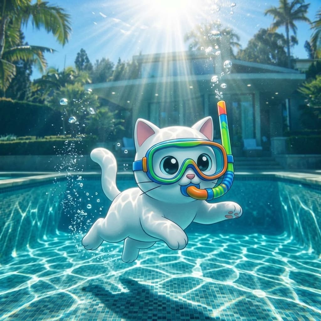 PoolsCat with scuba goggles diving in deep pool