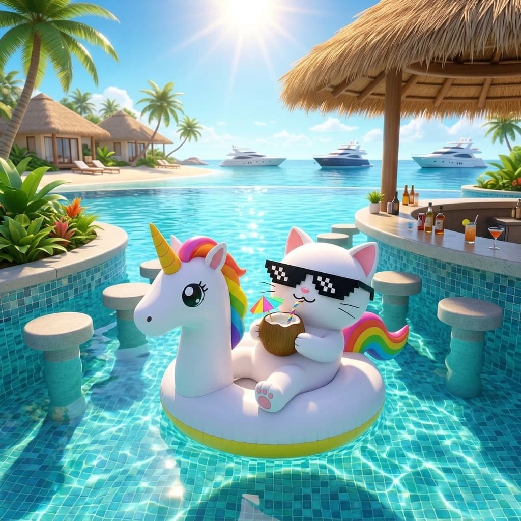 PoolsCat at the luxury swim-up pool bar sipping a tropical drink