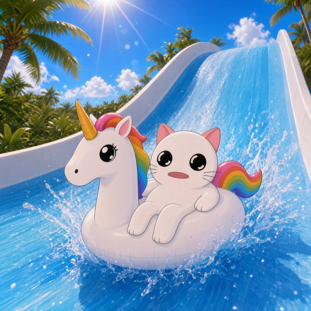 PoolsCat sliding on waterslides at high speed