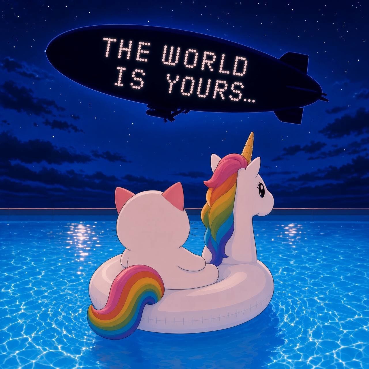 The World Is Yours blimp flying over night swimming pool with PoolsCat